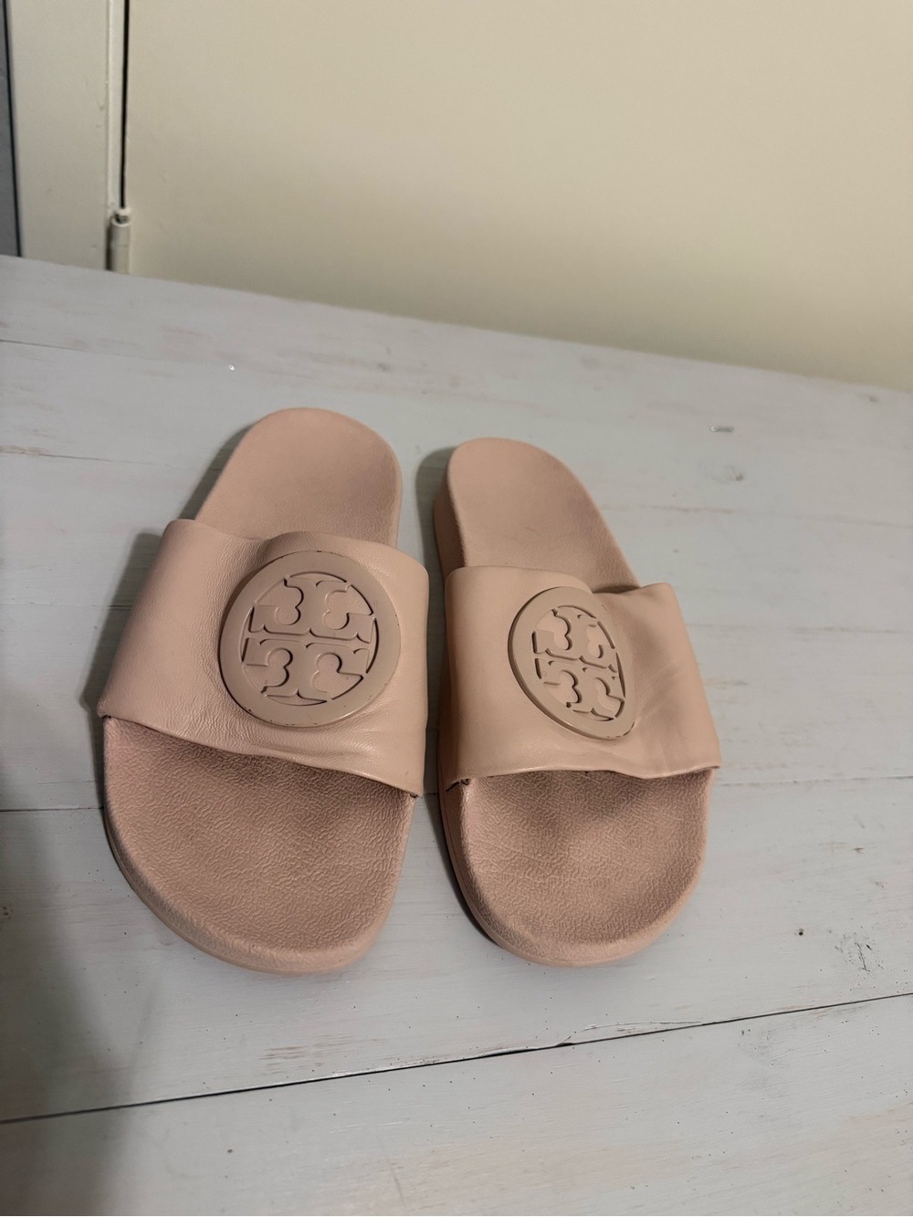 Tory Burch Shell Pink Logo Slide Sandals